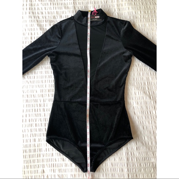 Long Sleeve Black Mesh Plunge Velvet Body Suit - Picture 6 of 11